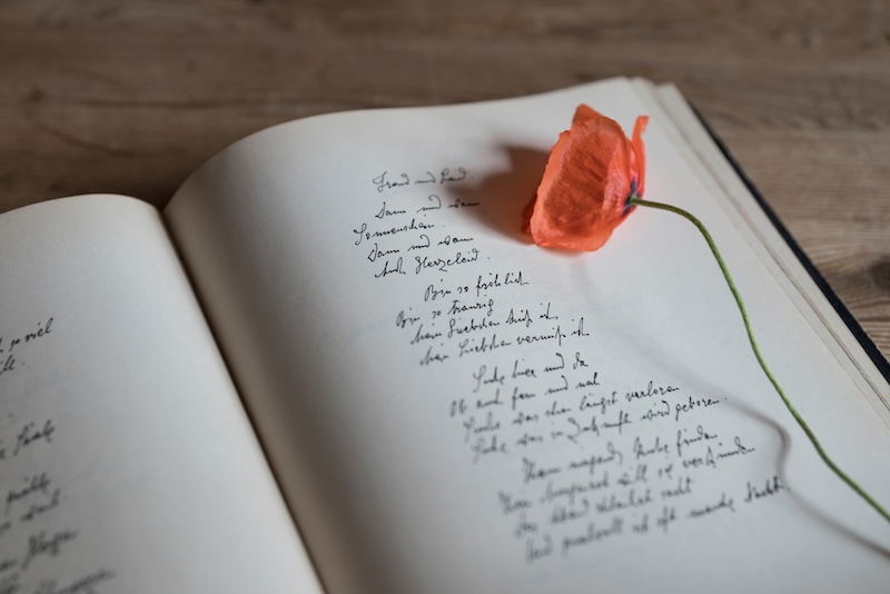 Buch mit Gedicht und Blume